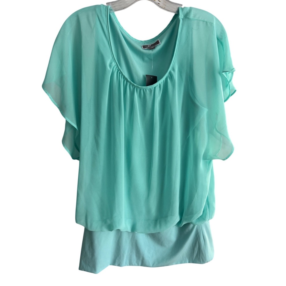 NWT JM Collection Woman Flutter Sleeve Blouse 0X Pacific Aqua Chiffon Plus Size